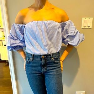 Aqua blue and white stripe off-shoulder blouse with puff sleeves in perfect cond